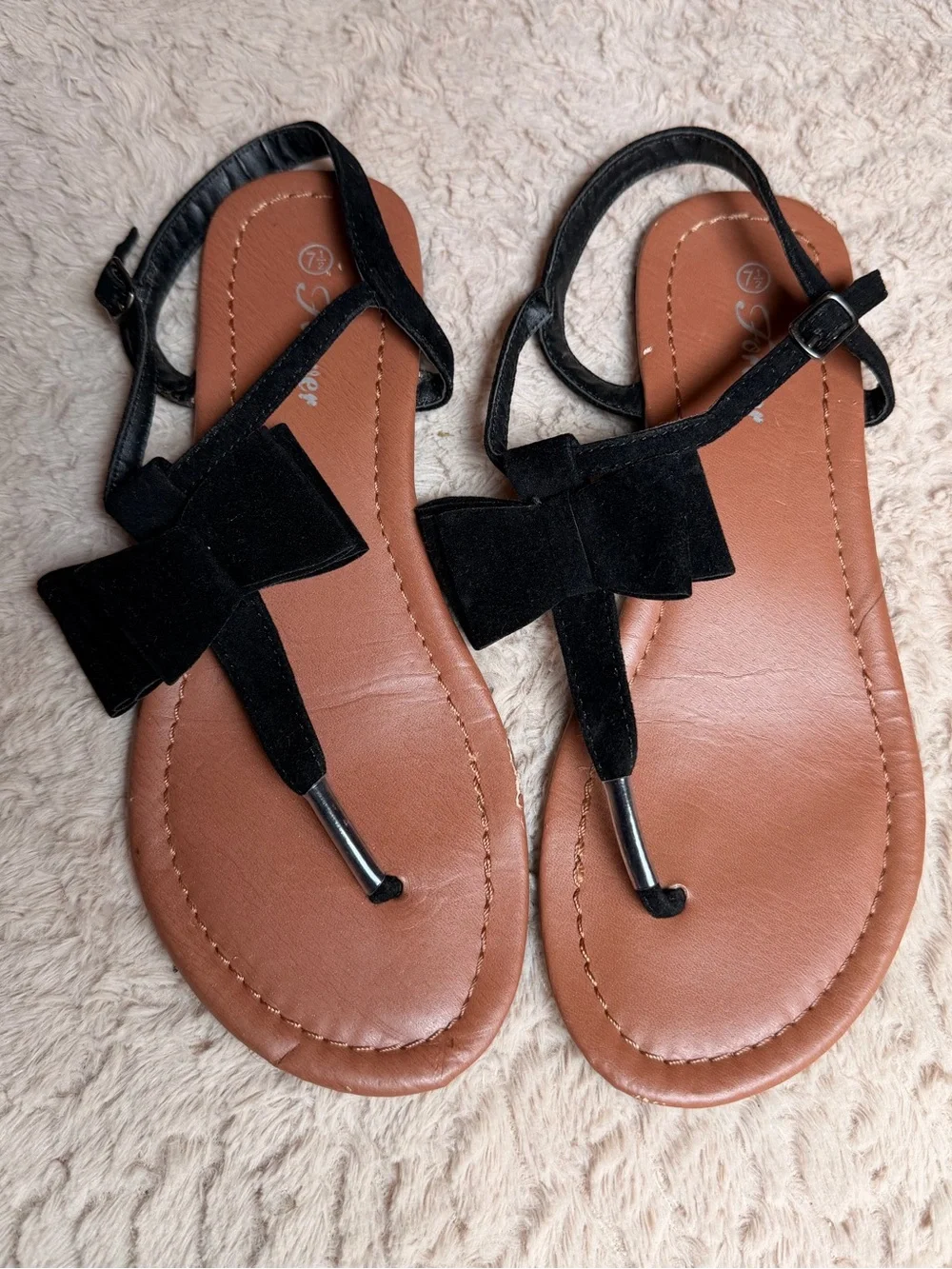 Women's Black Bow T-Strap Sandals